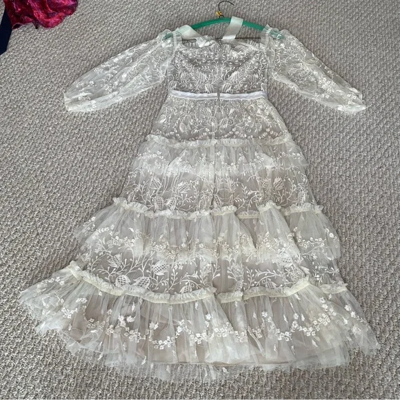 NEEDLE & THREAD WHITE LACE TIERED MIDI DRESS SIZE 2 - Picture 10 of 10